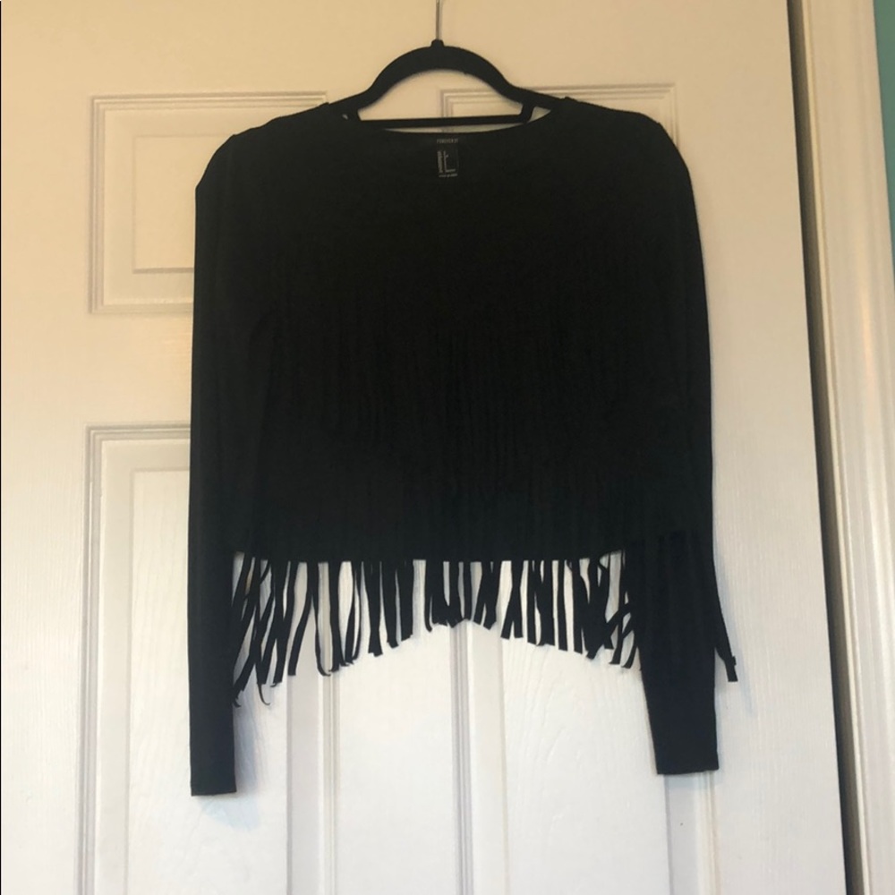Black fringe long sleeve shirt (cropped)